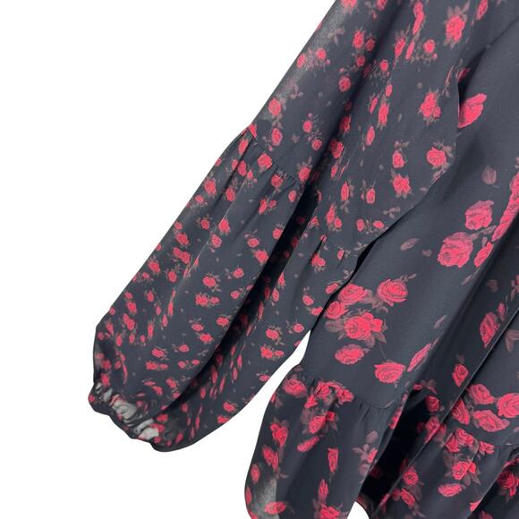 Michael Kors Black Red Rose Print Lined Lightweight Long Sleeve Chiffon Blouse L - Picture 4 of 10